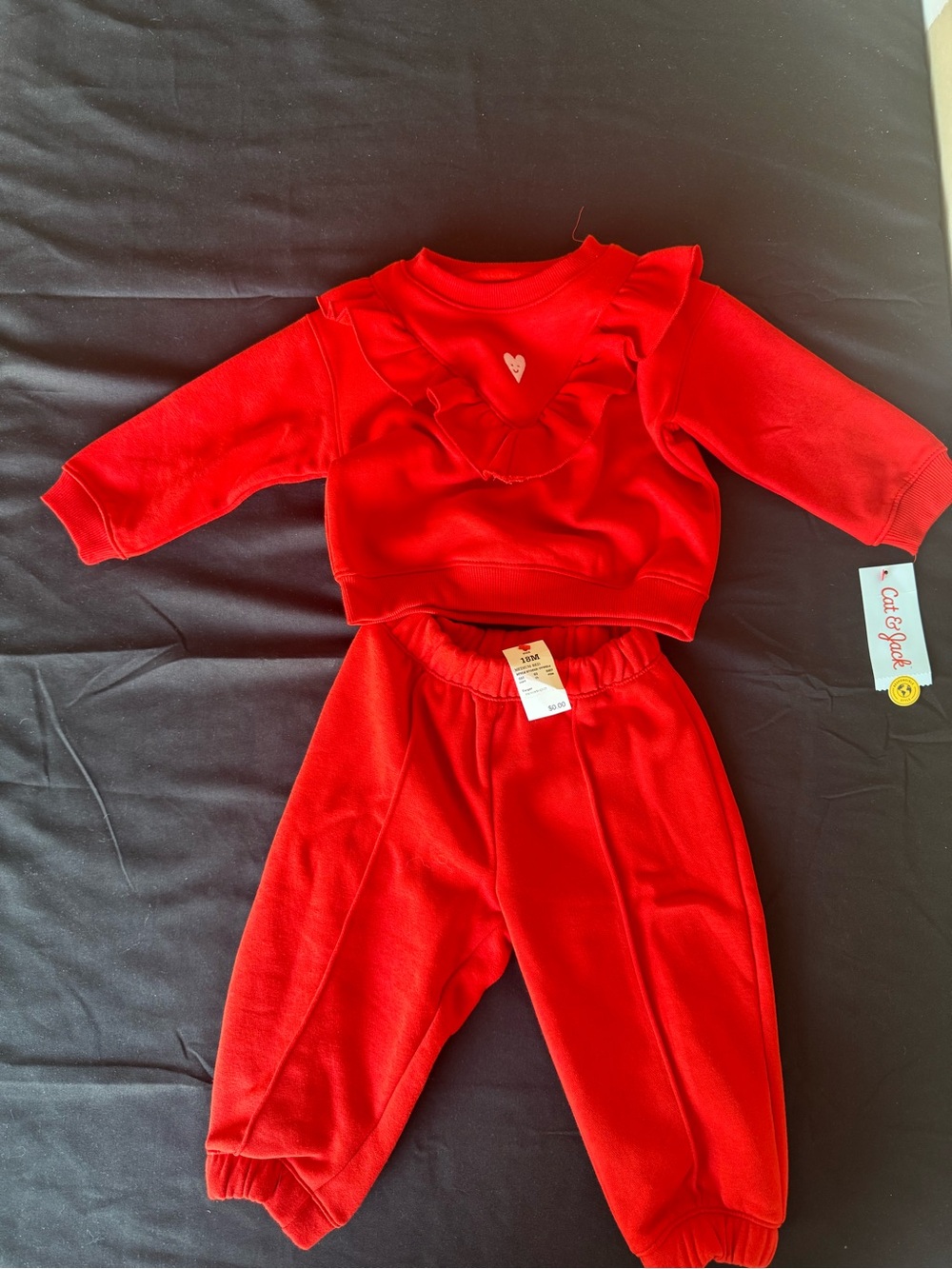 NWT Cat & Jack Baby Girl 2 Pc Red Ruffle Heart Sweatshirt & Sweatpants Set 18M